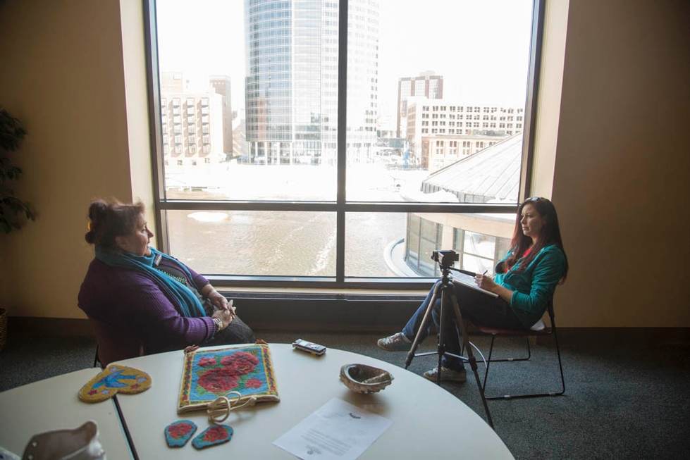 Lin Bardwell, right, interviews Christine Stone